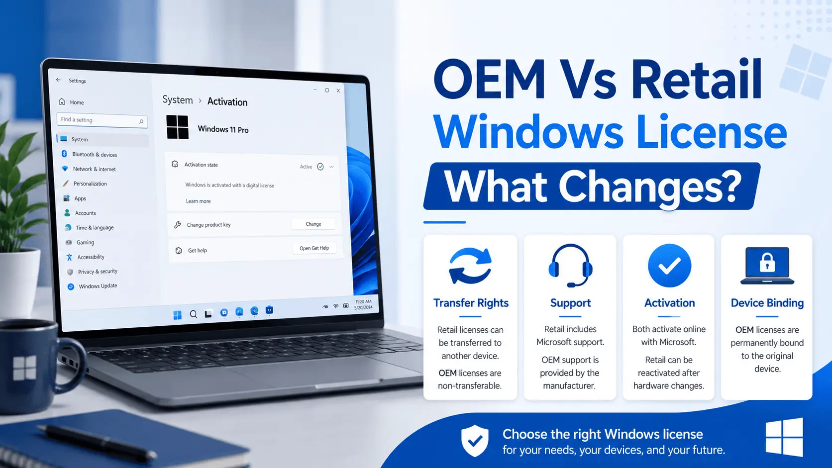 OEM vs retail Windows license comparison covering transfer rights, support, activation and device binding