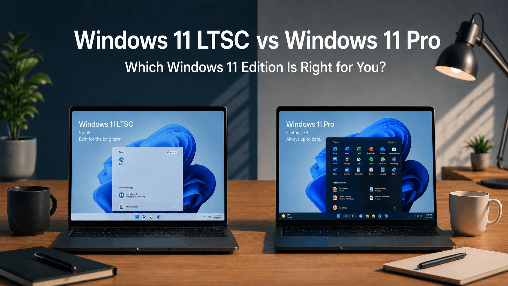 Windows 11 LTSC vs Windows 11 Pro comparison showing features, updates, apps, and support differences